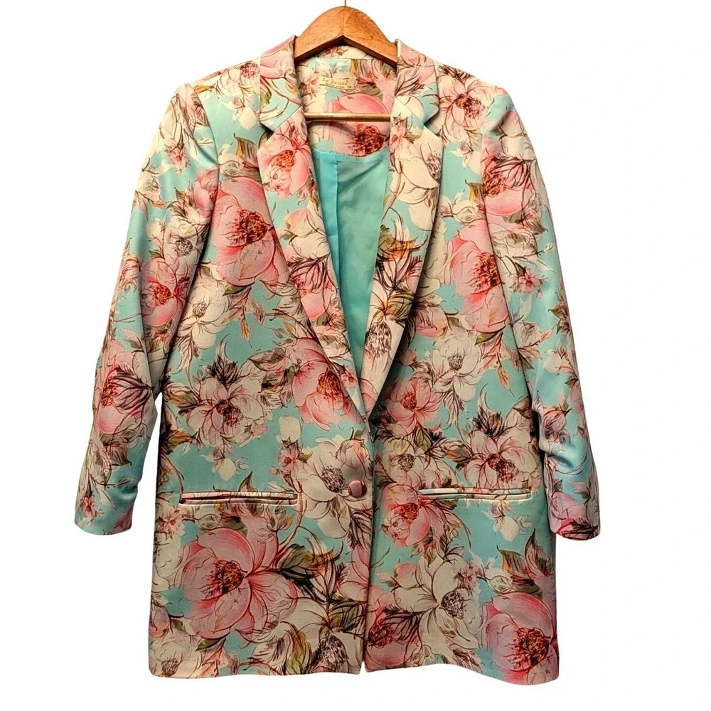 La Pateau Turquoise Pink Floral Ruched 3/4 Sleeve Single Button Blazer‎ Size 38